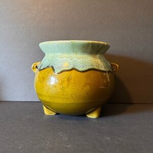 Planter Monmouth Pottery Mid-Century Olive Green Blue Drip Glaze